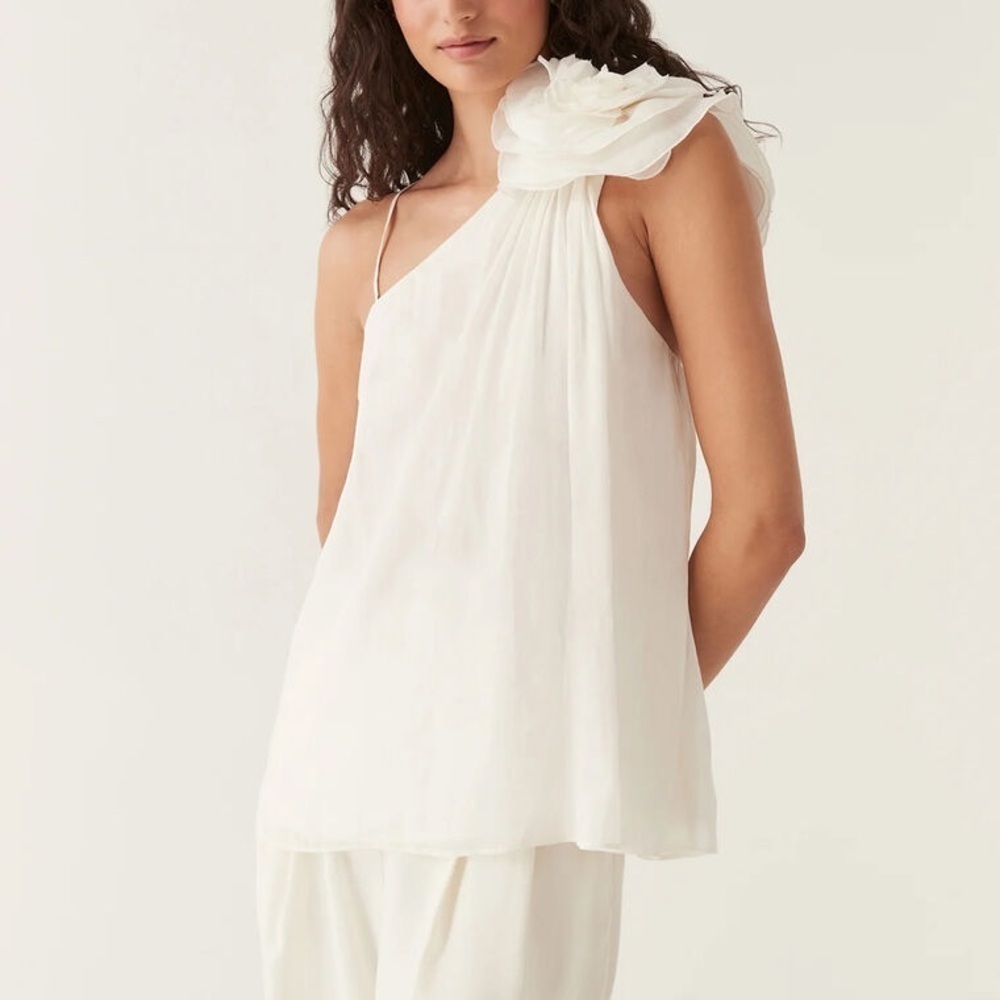 Aje. Quintessa Linen Silk Flower Appliqué Cami Camisole Blouse Top Ivory White